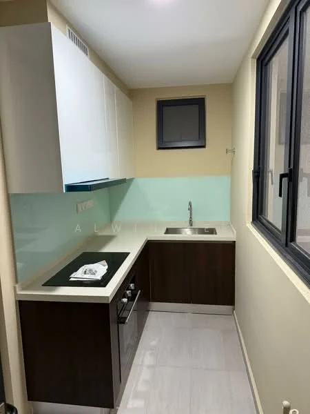 Kitchen features: white upper cabinets, brown lower cabinets, light-colored countertop, single-bowl stainless-steel sink, chrome pull-down faucet, glass backsplash, built-in stove, window with black frame, tile flooring, neutral wall color; style: modern.