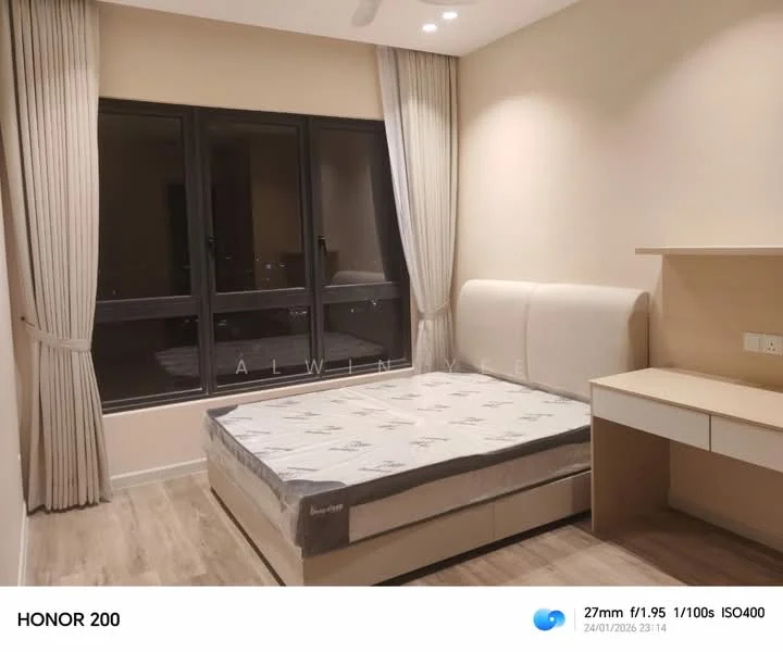 Bedroom features: queen-size bed, upholstered headboard, wooden flooring, floor-to-ceiling windows, sheer curtains, wall-mounted desk, built-in wardrobe, recessed downlights, ceiling fan; style: modern; view: city.