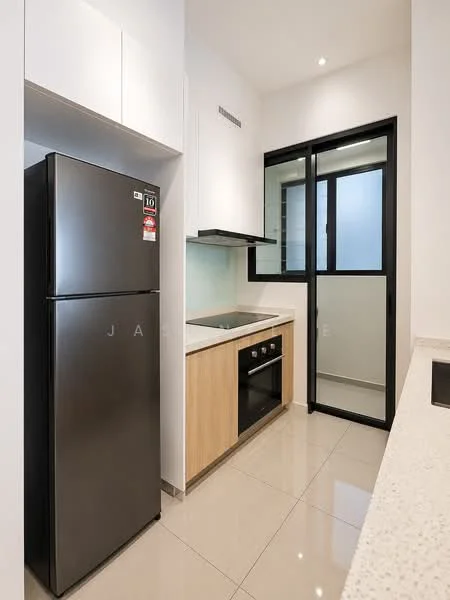 Kitchen features: black stainless-steel fridge, built-in oven, 4-burner gas hob, white quartz countertop, light wood cabinetry, white upper cabinets, glass backsplash, tile flooring, recessed downlights, sliding glass window; style: modern.