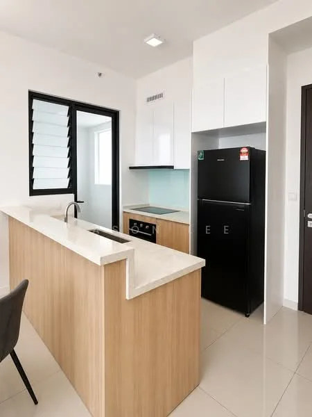 Kitchen features: kitchen island with countertop, white cabinetry, black refrigerator, built-in oven, stainless-steel sink, chrome pull-down faucet, glass backsplash, tile flooring, window with louvered shutters, recessed ceiling lights; style: modern.