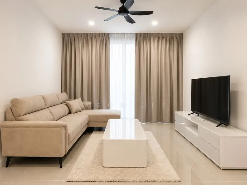 Living features: L-shape sectional sofa in beige, coffee table in white, TV console in white, wall-mounted TV, area rug in cream, floor-to-ceiling windows with sheer curtains, recessed downlights, 5-blade ceiling fan in black, light-coloured walls, glossy tile flooring; style: modern.