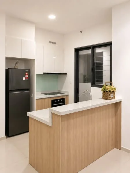 Kitchen features: white upper cabinets, wood lower cabinets, marble countertop, black glass cooktop, built-in oven, stainless-steel fridge, green glass backsplash, single-bowl stainless-steel sink, chrome pull-down faucet, pendant light, tile flooring, window with black frame; style: modern.