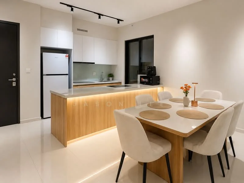 Kitchen features: white cabinetry, wooden countertop, stainless-steel fridge, built-in oven, ceramic cooktop, single-bowl stainless-steel sink, chrome pull-down faucet, green backsplash, recessed downlights, pendant lighting, open shelving, bar stools, dining table with beige upholstery, dining chairs with circular placemats; style: modern.
