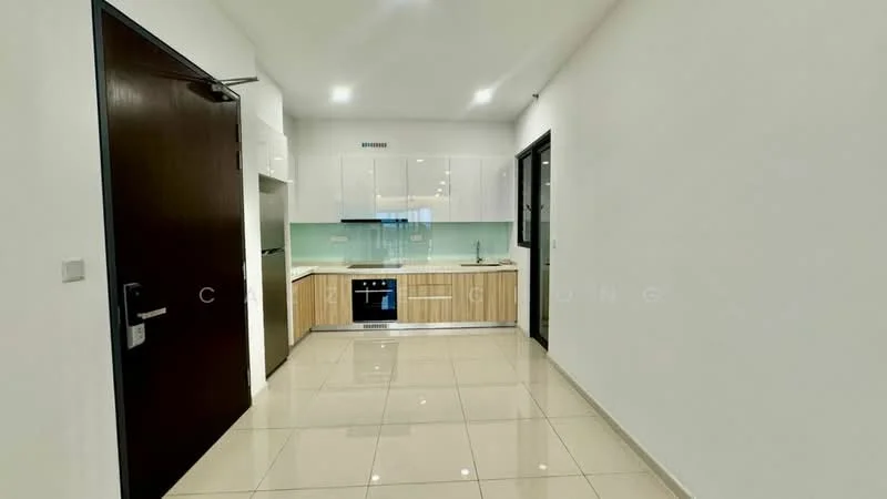 Kitchen features: white painted walls, glossy tile flooring, wood cabinetry, stainless-steel built-in oven, stainless-steel cooktop, glass backsplash, single-bowl stainless-steel sink, chrome pull-down faucet, recessed LED downlights, window with black frame, open layout, countertop with overhang; style: modern.