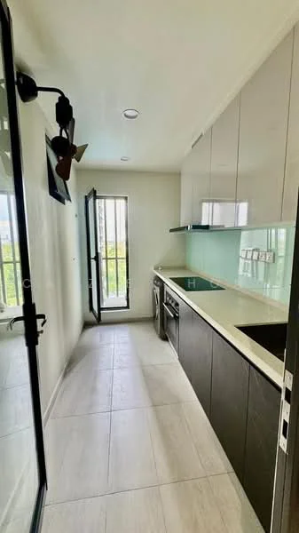 Kitchen features: white glossy cabinets, dark wood lower cabinets, light-colored countertop, glass backsplash, built-in oven, stainless-steel range hood, single-bowl stainless-steel sink, chrome pull-down faucet, sliding glass door, floor-to-ceiling window, tile flooring, recessed downlights; style: modern; view: city.