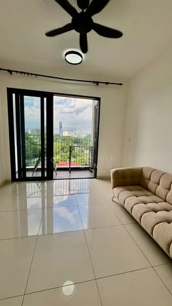 Living features: cream painted walls, glossy tile flooring, 5-blade ceiling fan, recessed ceiling light, floor-to-ceiling sliding glass doors, black metal railing, city view from balcony, sofa in beige fabric; style: modern; view: city.