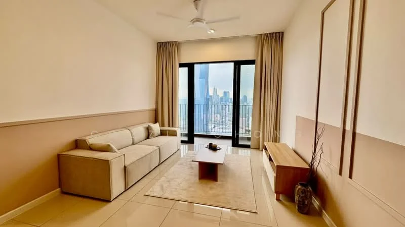 Living features: 3-seater fabric sofa in beige, coffee table, TV console, floor-to-ceiling windows, curtains, light-colored walls, cream tile flooring, ceiling fan; style: modern; view: city.