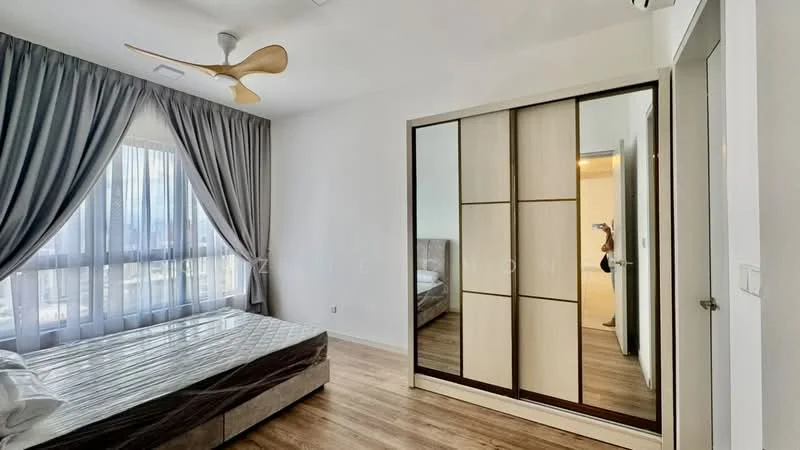 Bedroom features: queen-size bed, upholstered headboard, floor-to-ceiling windows, sheer curtains, 5-blade ceiling fan, wooden flooring, built-in wardrobe with sliding doors, decorative mirror; style: modern.