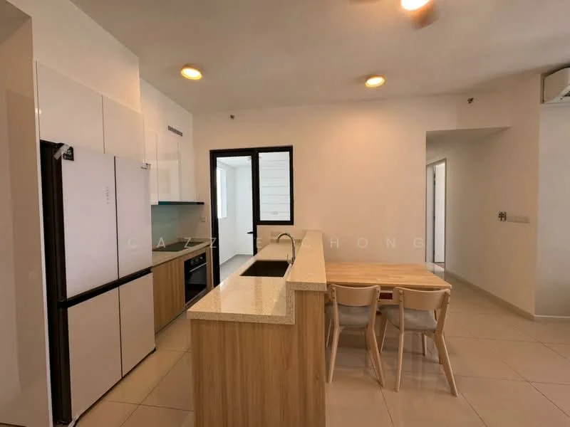 Kitchen features: white cabinetry, granite countertop, stainless-steel fridge, built-in oven, 4-burner gas hob, single-bowl stainless-steel sink, chrome pull-down faucet, pendant lighting, tile flooring, open layout to dining area, breakfast bar with seating; style: modern. Dining features: wood dining table, 3 wooden chairs; style: modern.