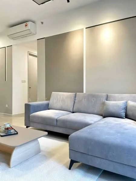 Living features: grey fabric sectional sofa, light wood coffee table, cream area rug, white painted walls, grey accent wall, recessed downlights, wall-mounted split AC, floor-to-ceiling windows, decorative wall panels; style: modern.