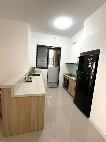 Kitchen features: white quartz countertop, wood cabinetry, black refrigerator, built-in oven, stainless-steel kettle, single-bowl stainless-steel sink, chrome pull-down faucet, ceramic tile flooring, recessed downlights, window with black grille, open layout with breakfast bar; style: modern.