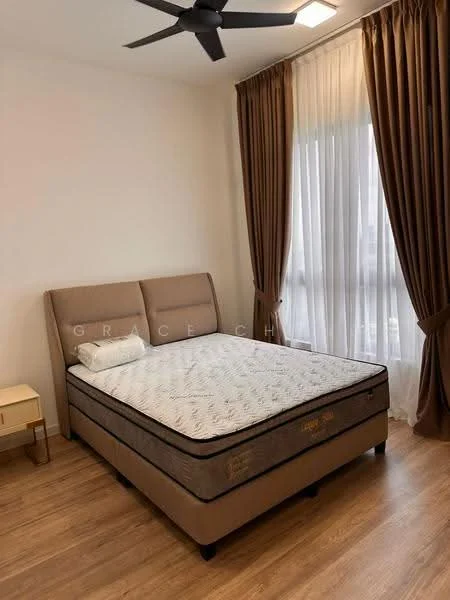 Bedroom features: queen-size bed, upholstered headboard, wooden bed frame, light wood flooring, floor-to-ceiling windows, sheer curtains, dark brown curtains, ceiling fan with light, nightstand, decorative pillow; style: modern.