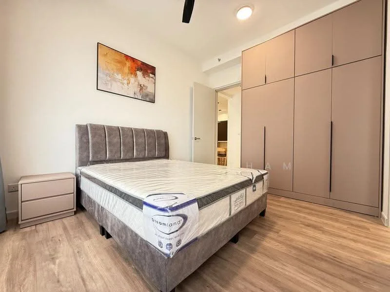 Bedroom features: queen-size bed, upholstered headboard, bedside table, built-in wardrobe with sliding doors, wooden flooring, recessed ceiling light, wall art, window with natural light; style: modern.