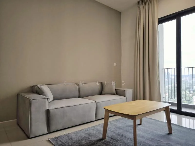 Living features: grey fabric sofa, wood coffee table, light grey area rug, floor-to-ceiling windows, sheer curtains, plain painted walls, tile flooring; style: modern; view: city.