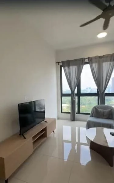 Living features: floor-to-ceiling windows, grey sheer curtains, light grey sofa, wooden TV console, black flat-screen TV, round coffee table, white tiled flooring, ceiling fan with light, recessed downlights, neutral painted walls; style: modern; view: city.