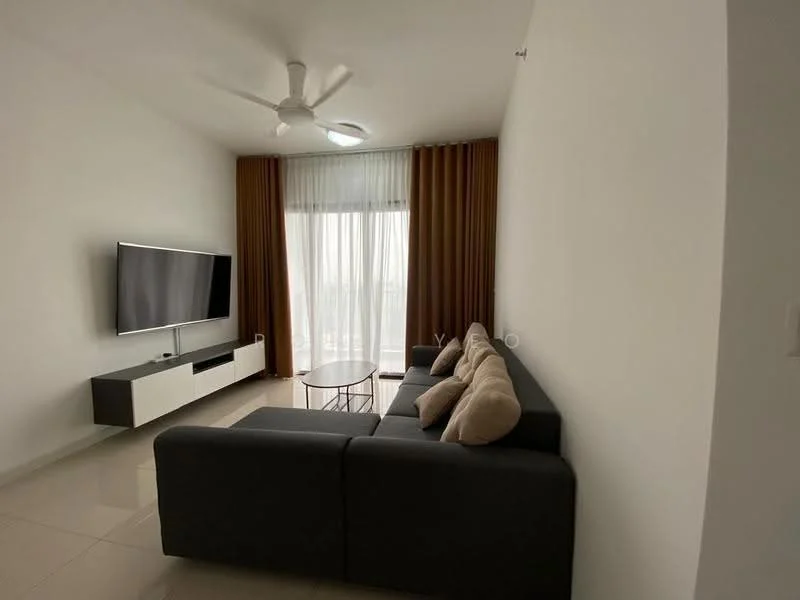 Living features: 3-seater fabric sofa in grey, coffee table, wall-mounted TV, TV console in white, floor-to-ceiling windows, sheer curtains, brown curtain drapes, ceiling fan, recessed downlights, polished tile flooring, white painted walls; style: modern; view: city.