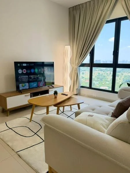 Living features: floor-to-ceiling windows, cream painted walls, light-colored sofa, wooden coffee table, TV console with storage, wall-mounted TV, area rug with geometric pattern, decorative floor lamp, curtains, plant in pot; style: modern; view: city.