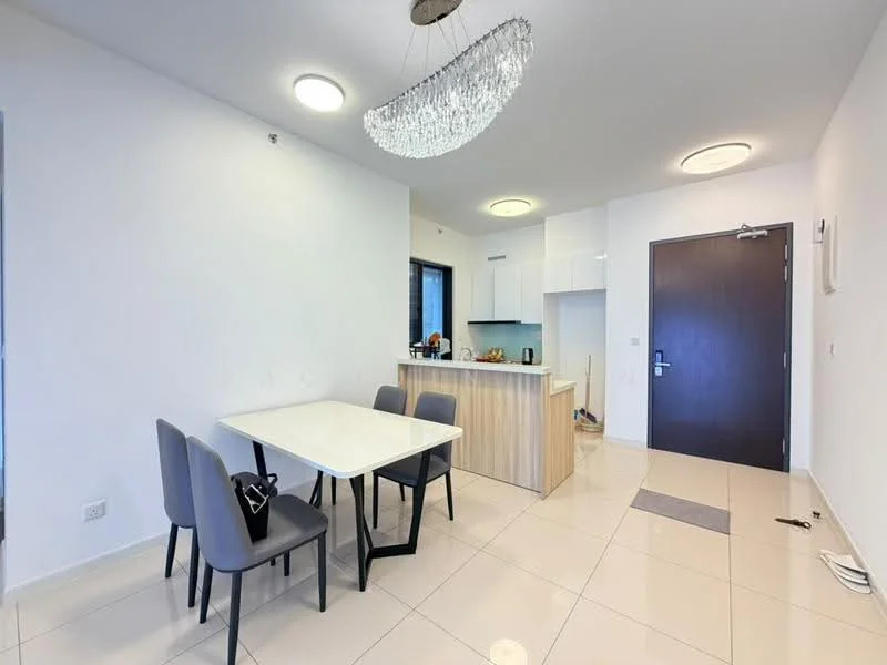 Dining features: white dining table, 4 upholstered dining chairs in grey, chandelier light fixture, cream painted walls, glossy tile flooring, floor-to-ceiling window, open kitchen layout, kitchen island with wood cabinetry; style: modern. Kitchen features: white cabinetry, stainless-steel appliances, kitchen island, countertop with wood finish, built-in sink, microwave, kettle; style: modern. Hallway features: main entrance door, cream painted walls, glossy tile flooring; style: modern.