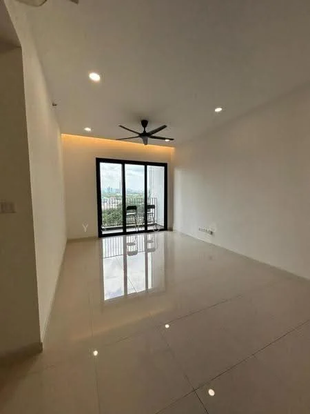 Living features: white painted walls, polished ceramic tile flooring, 5-blade ceiling fan with light, floor-to-ceiling sliding glass door, balcony access, recessed LED downlights, neutral decor, large windows, city view; style: modern; view: city.