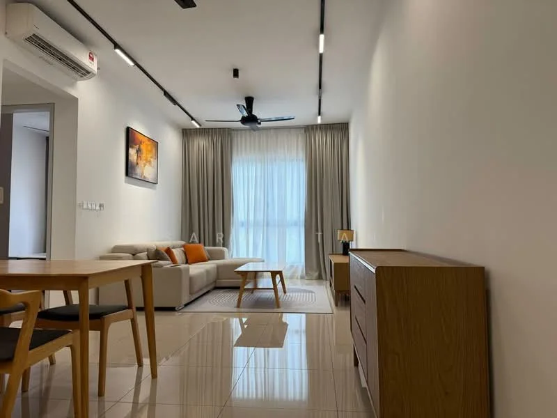 Living features: cream painted walls, white ceiling, 5-blade ceiling fan with light, floor-to-ceiling windows with sheer curtains, light grey sofa with orange accent pillows, wooden coffee table, area rug with geometric pattern, wooden sideboard, dining table with four wooden chairs, polished ceramic tile flooring; style: modern.