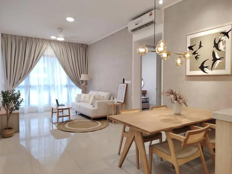 Living features: white fabric sofa, wooden coffee table, round area rug, dining table with wooden legs, 4 wooden dining chairs, floor-to-ceiling windows, sheer curtains, recessed downlights, decorative wall art with birds, wall-mounted air conditioning unit, light grey painted walls, ceramic tile flooring; style: modern.
