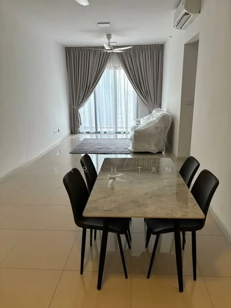 Dining features: marble dining table, 4 black dining chairs, white painted walls, cream tiled flooring, 5-blade ceiling fan, curtains, floor-to-ceiling windows, area rug; style: modern. Living features: white sofa covered with protective cover, area rug, natural light from windows, white painted walls, cream tiled flooring; style: modern.