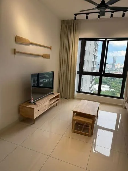 Living features: white painted walls, glossy tile flooring, floor-to-ceiling windows, curtains, 3-blade ceiling fan, wooden TV console, flat-screen TV, wooden coffee table, wooden stool, decorative wall paddles; style: modern; view: city.