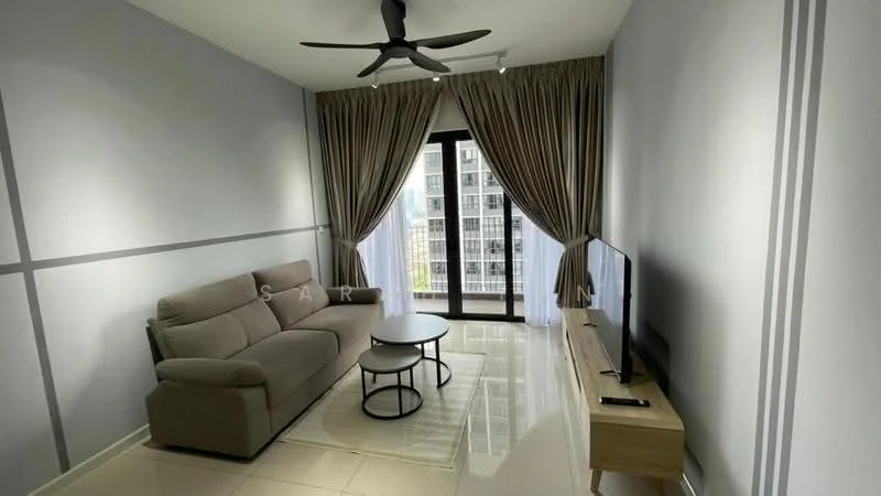 Living features: 3-seater fabric sofa in grey, round coffee table with black frame, wall-mounted TV, TV console in light wood, floor-to-ceiling windows, sheer curtains, blackout curtains, ceiling fan with light, light grey painted walls, glossy tile flooring; style: modern; view: city.