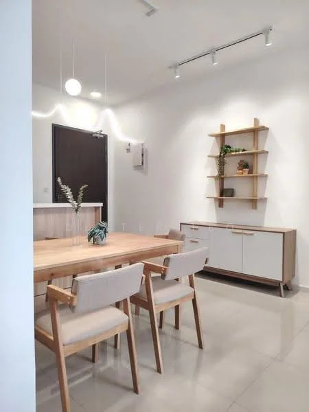 Dining features: wooden dining table, 4 upholstered dining chairs, white sideboard cabinet, wooden shelving unit, decorative plants on shelves, pendant light fixture, recessed ceiling lights, grey tile flooring, white painted walls, doorway to hallway; style: modern.