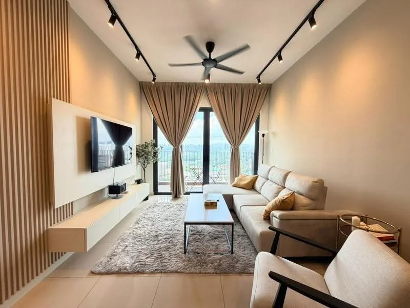 Living features: 3-seater fabric sofa in light grey, 2-seater fabric sofa in beige, coffee table, TV console, wall-mounted TV, area rug with neutral color, 5-blade ceiling fan with light, floor-to-ceiling windows, sheer curtains, decorative throw pillows, plant in ceramic pot, wall paneling with vertical lines, recessed LED downlights; style: modern; view: city.