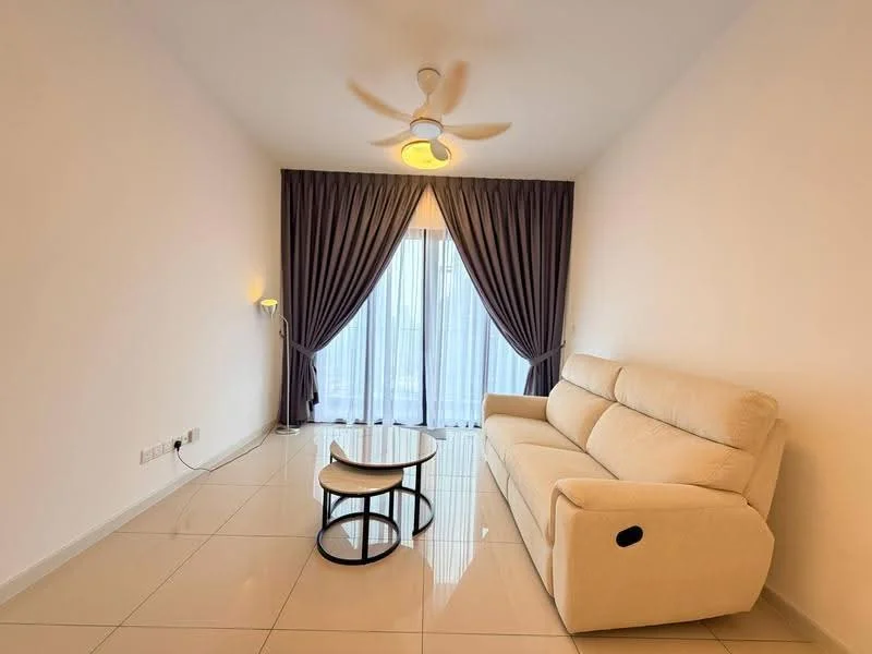 Living features: beige fabric sofa, round coffee table, floor-to-ceiling windows, sheer curtains, dark grey drapes, white painted walls, glossy tile flooring, ceiling fan with light, wall-mounted lamp; style: modern.