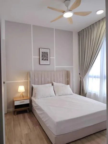 Bedroom features: queen-size bed, upholstered headboard, bedside lamp, wooden nightstand, light-colored curtains, floor-to-ceiling window, ceiling fan with light, light wood flooring, decorative wall art, painted accent wall; style: modern.