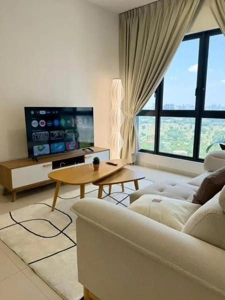 Living features: floor-to-ceiling windows, light-colored curtains, white walls, cream fabric sofa, wooden coffee table, TV console with storage, wall-mounted TV, area rug with geometric pattern, decorative floor lamp, potted plant; style: modern; view: city.