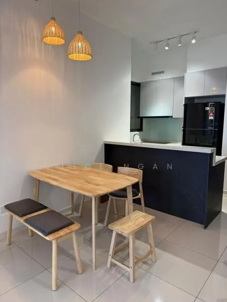 Dining features: wooden dining table, two wooden benches, grey upholstered seat cushions, pendant lighting with woven shades, white painted walls, glossy tile flooring, kitchen island with black cabinetry, stainless-steel sink, recessed ceiling lights, black refrigerator; style: modern.