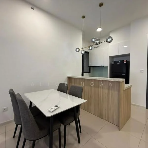 Dining features: 4-seater dining table with white marble top, grey upholstered dining chairs, pendant lighting with spherical bulbs, open kitchen layout, kitchen island with wooden cabinetry, black refrigerator, cream tiled flooring, white painted walls; style: modern.