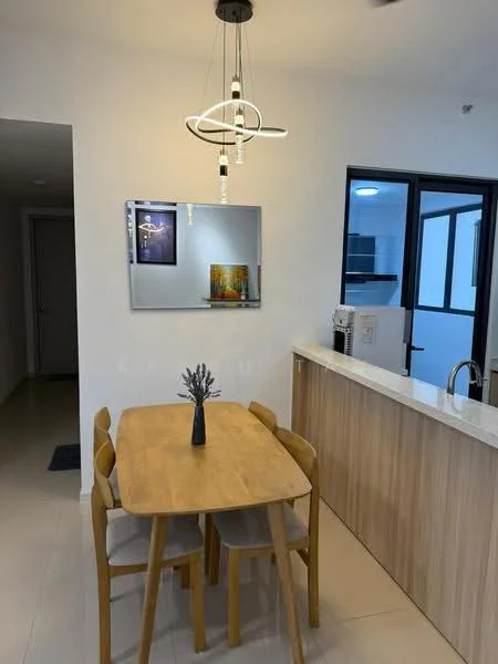Dining features: wood dining table, 4 wooden dining chairs, pendant light fixture, mirror on wall, decorative vase on table, white walls, tile flooring, open kitchen view; style: modern. Room features: grey cabinetry, stainless-steel sink, kitchen countertop, kitchen appliances visible.