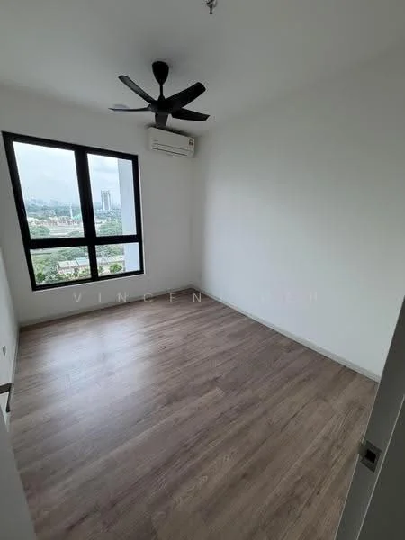 Bedroom features: light wood laminate flooring, white painted walls, 5-blade ceiling fan, floor-to-ceiling windows, city view, air conditioning unit; style: modern; view: city.