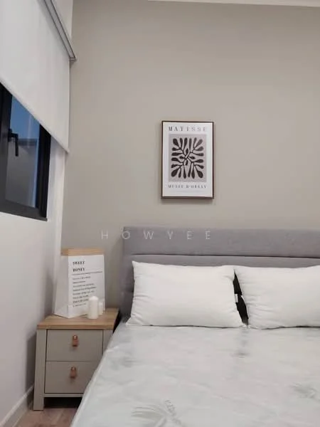 Bedroom features: queen-size bed, upholstered headboard, two white pillows, light grey bedspread, nightstand with drawer, decorative wall art, white candle, window with sheer blinds, light grey painted walls; style: modern.