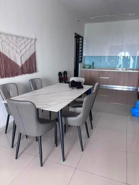 Dining features: 6-seater dining table with marble top, upholstered dining chairs in grey, white painted walls, glossy cabinetry in light wood, kitchen area visible in background, ceramic tile flooring, decorative wall hanging, glass backsplash, built-in kitchen appliances, open layout; style: modern.