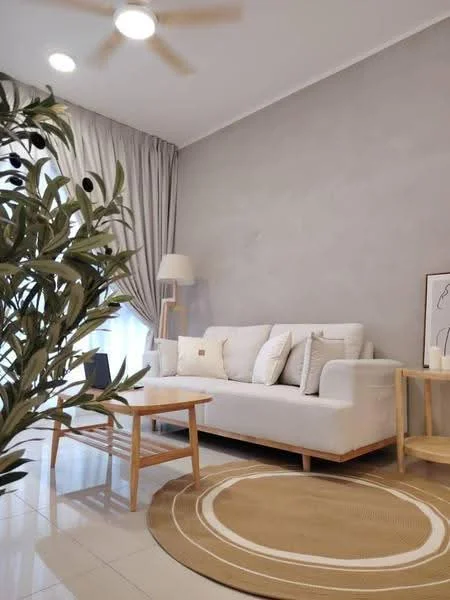 Living features: light grey painted walls, white fabric sofa with cushions, wooden coffee table, round area rug with circular pattern, floor lamp, curtains, ceiling fan with light, decorative plant; style: modern.