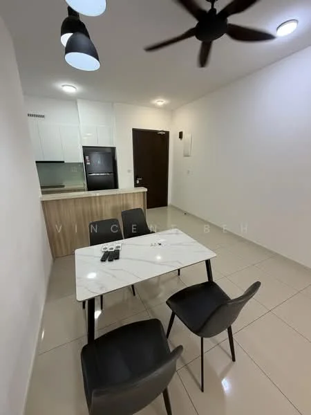 Dining features: white walls, tile flooring, 5-blade ceiling fan with light, dining table with marble top, 4 black dining chairs, kitchen counter with wooden cabinetry, stainless-steel fridge, wall-mounted light fixtures; style: modern. Kitchen features: white cabinets, glass backsplash, built-in oven, stainless-steel sink, chrome pull-down faucet; style: modern.