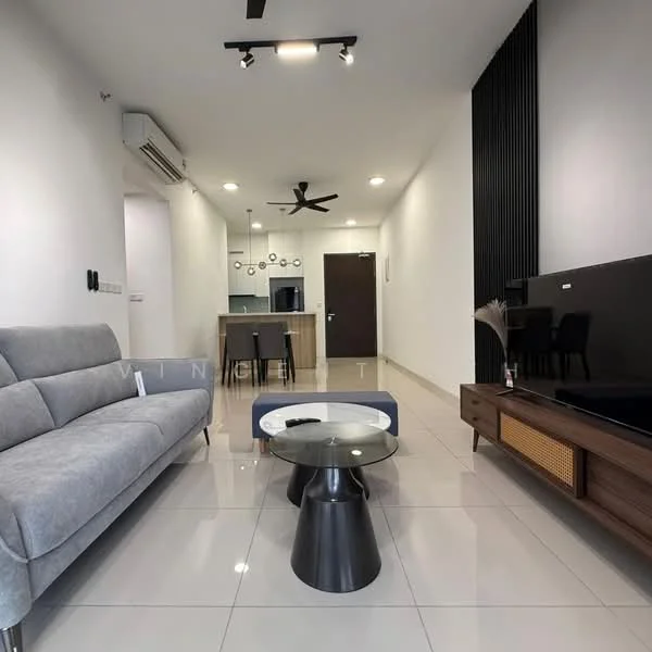 Living features: grey fabric 3-seater sofa, black coffee table, wooden TV console, wall-mounted TV, recessed downlights, 5-blade ceiling fan, white painted walls, glossy tile flooring, decorative wall with vertical slats, open layout to kitchen, area rug; style: modern.