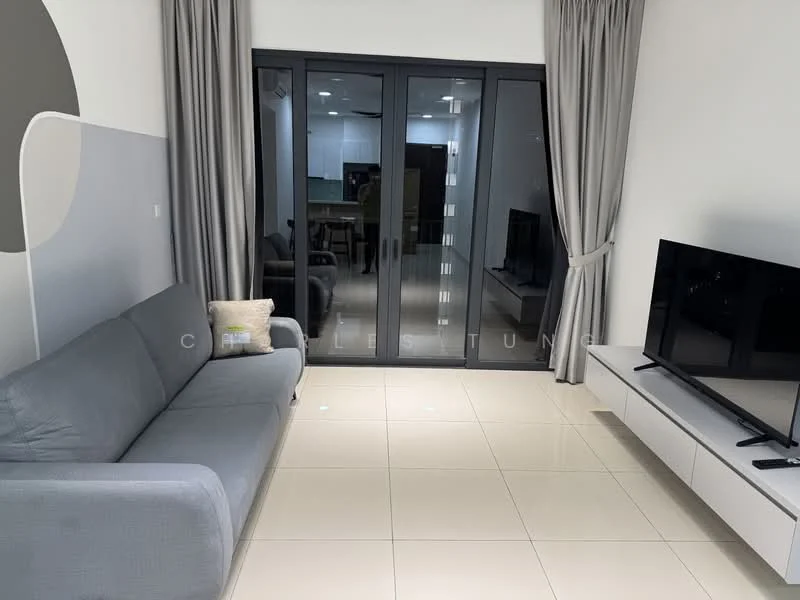 Living features: grey fabric sofa, white TV console, wall-mounted TV, floor-to-ceiling windows, sliding glass door, light-colored tiled flooring, curtains, decorative wall with circular design; style: modern.