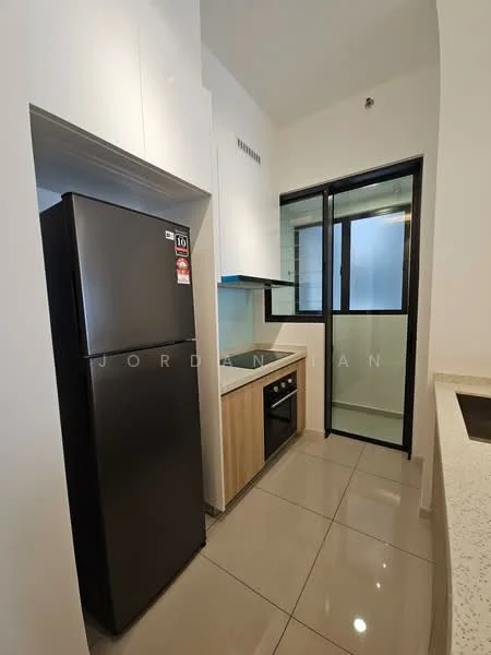 Kitchen features: black fridge, built-in oven, ceramic cooktop, white cabinetry, light wood lower cabinets, granite countertop, grey tiled backsplash, single-bowl stainless-steel sink, window with black frame, grey floor tiles, recessed lighting; style: modern.
