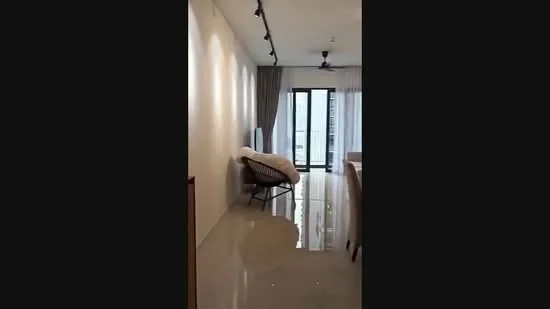 Room features: white painted walls, polished tile flooring, recessed downlights, 5-blade ceiling fan, floor-to-ceiling windows, sliding glass door, sheer curtains, dining table, decorative chair; style: modern; view: city.