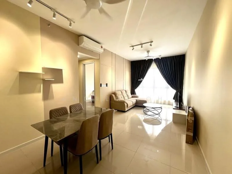 Living features: cream painted walls, glossy tile flooring, 5-blade ceiling fan with light, floor-to-ceiling windows, blackout curtains, light-colored fabric sofa, coffee table, dining table with 4 chairs, air conditioning unit; style: modern.