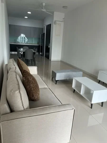 Living features: 3-seater fabric sofa in beige, decorative throw pillows, coffee table in white, side table in white, flat-screen TV console, polished ceramic tile flooring, ceiling fan, wall-mounted light fixture, neutral painted walls, large windows for natural light; style: modern. Dining features: 6-seater dining table, upholstered dining chairs, minimalist design, neutral color palette; style: modern.