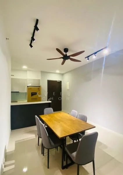 Dining features: dining table with wooden top, 4 upholstered dining chairs, 5-blade ceiling fan, recessed LED downlights, white painted walls, glossy tile flooring, open layout to kitchen, kitchen island visible in background; style: modern.