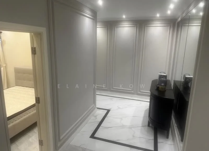 Room features: white painted walls, marble tile flooring, recessed downlights, mirror wall, decorative moulding, dark wood console table, light-colored door, visible bedroom through doorway; style: modern.