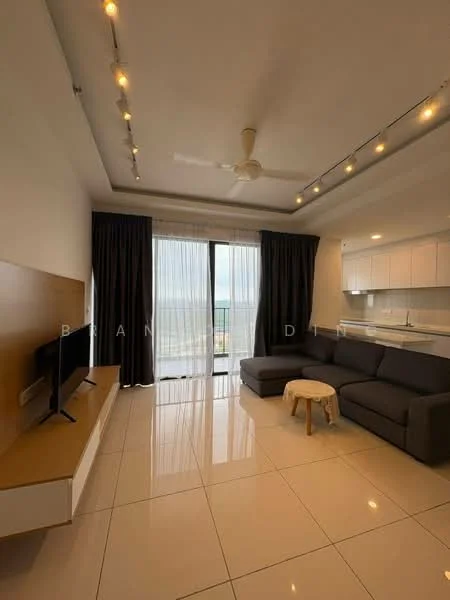 Living features: grey fabric L-shape sectional sofa, white coffee table, wall-mounted TV, white TV console, floor-to-ceiling windows, sheer curtains, blackout curtains, recessed LED downlights, ceiling fan, glossy tile flooring, neutral painted walls; style: modern; view: city.